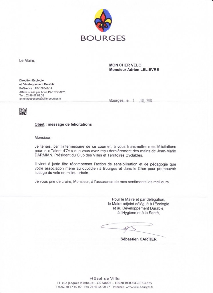 14.07.01_Mairie de Bourges - Félicitations talents du vélo