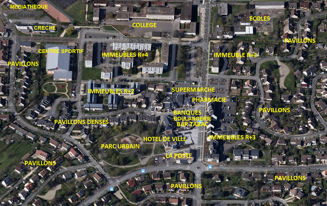 Vue aérienne du centre ville de Saint Doulchard