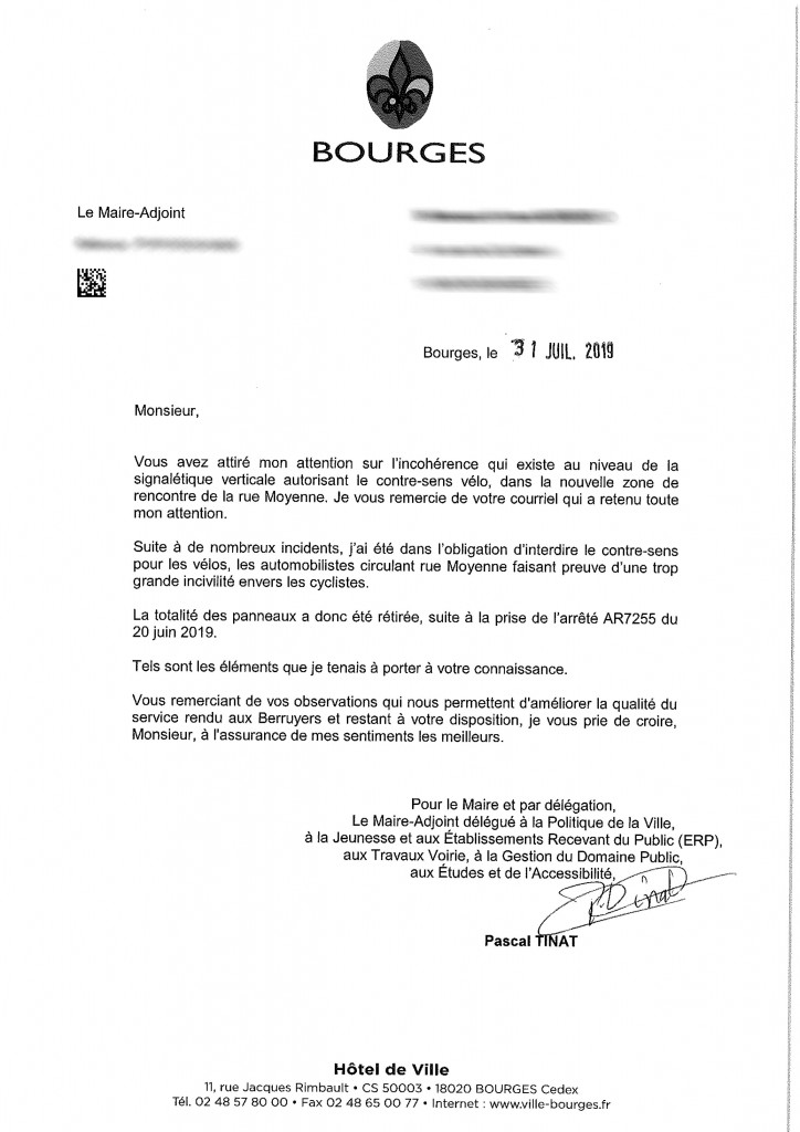 Vélo Bourges double sens cyclable rue moyenne